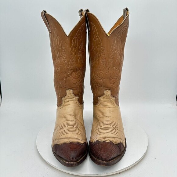 Justin 1660 Men Size 9.5D Cream Brown Two Tone Leather Pointed Toe Western Boot - Picture 2 of 14